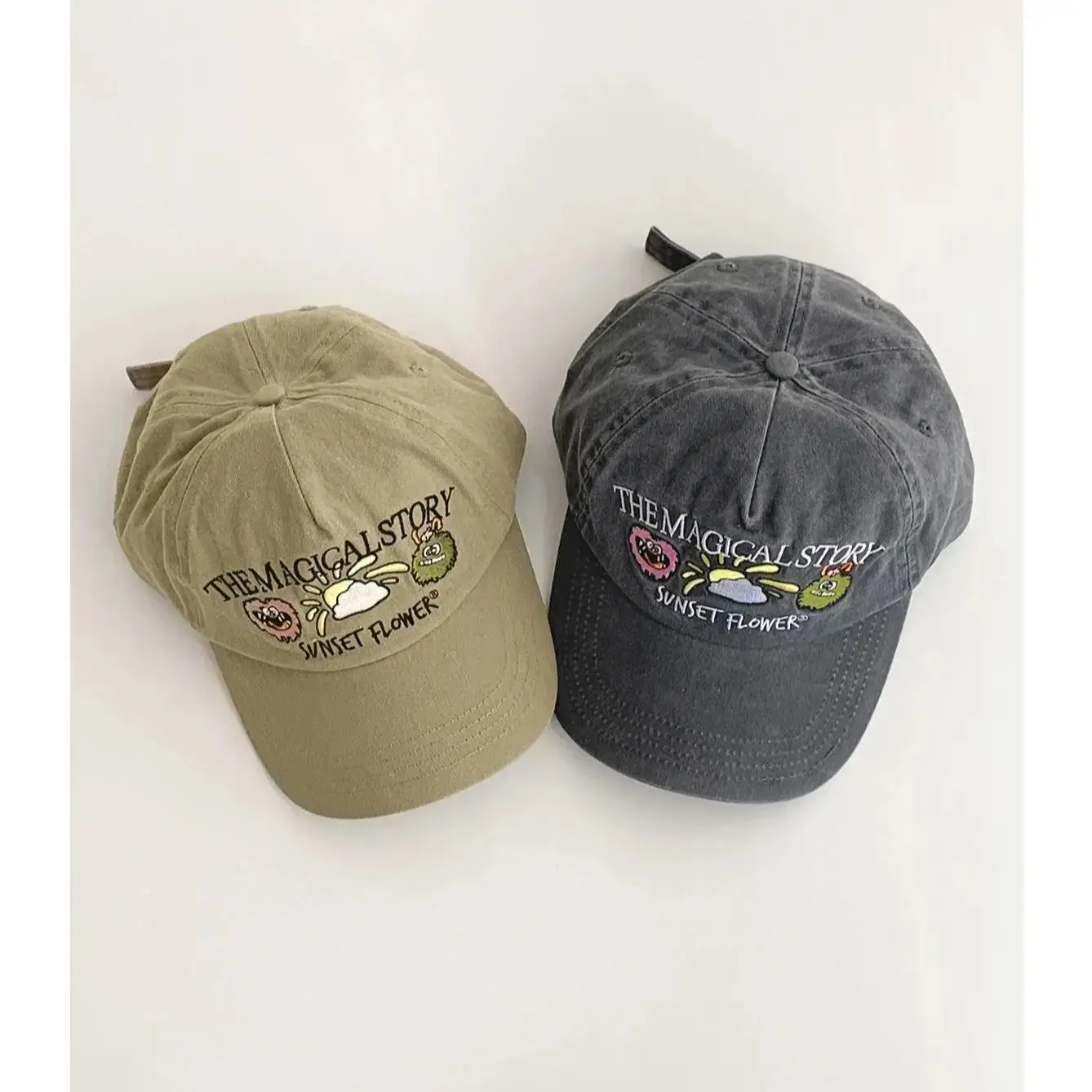 

Cartoon Embroidered Peaked Cap for Women, Washed and Distressed, Summer New Style, Large Head Circumference, Deep Baseball Cap