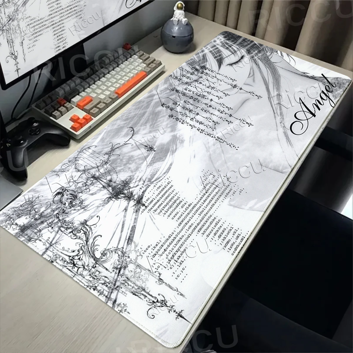 Anime-Stil-Mauspads, schwarz-weiß, Engelsmuster, Teppich, Bürozubehör, PC-Tastatur, Schreibtisch-Teppich, rutschfeste Gamer-Matte, kostenloser Versand
