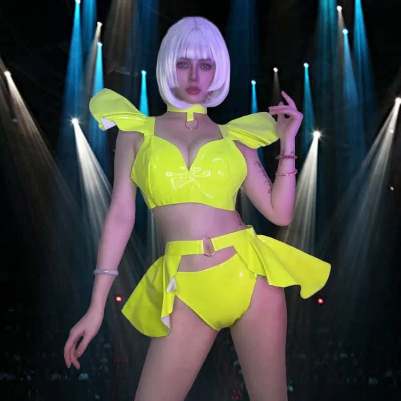 

Nightclub Bar Gogo Singer Dance Team Stage Performance Costume Fluorescent Yellow Green Lacquer Leather Bikini Skirt Set Pink