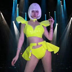 Nightclub Bar Gogo Singer Dance Team Stage Performance Costume Fluorescent Yellow Green Lacquer Leather Bikini Skirt Set Pink