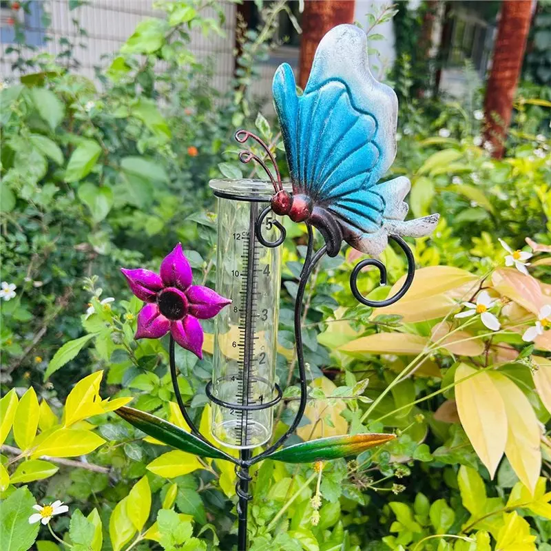 【HAPPY】Metal Rain Gauge With Stake 6 Inch Butterfly Rain Gauge Outdoor Large Color Digital Rain Measure Gauge