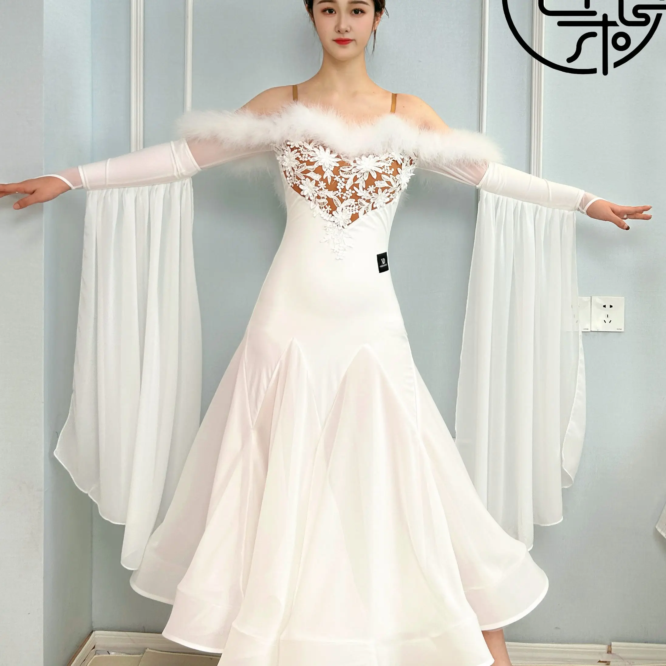 Ballroom Dance Competition Dress Women Waltz Feather Embroidery Lace Long Dress Waltz Dance Performance Costume Prom Dress 18283