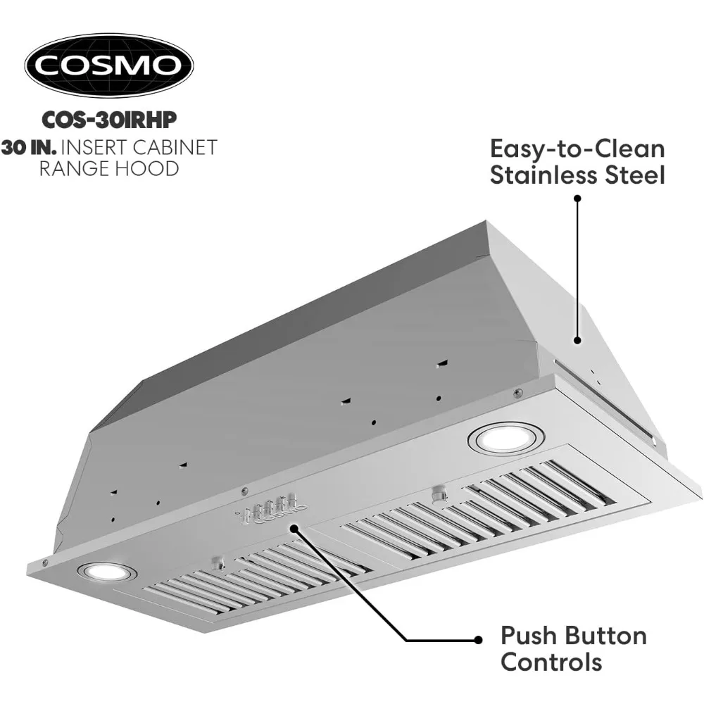 COS-30IRHP, 30 pulgadas Campana extractora de inserción con controles de botón pulsador, ventilador de 3 velocidades, luces LED y filtros permanentes