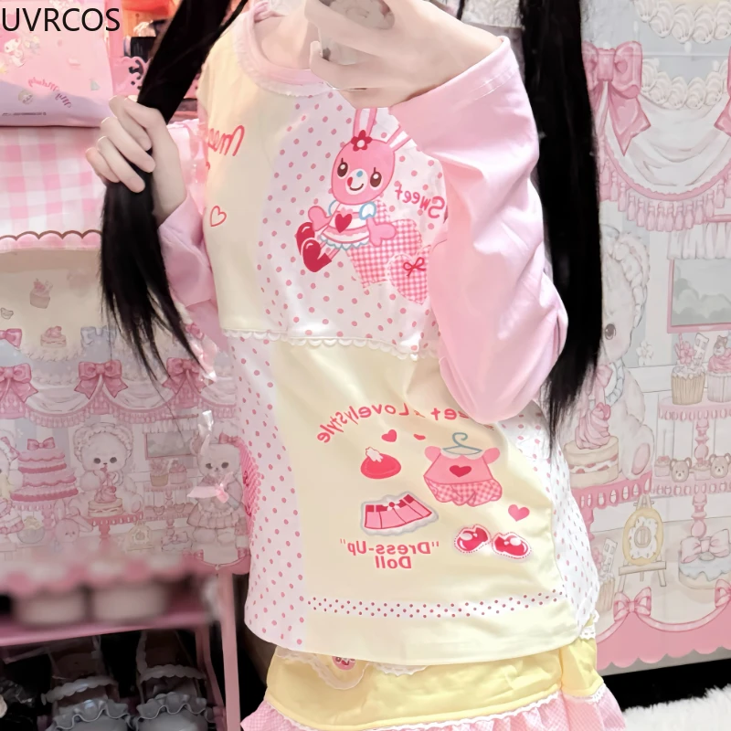 2025 Japanese Kawaii Crop Top Cartoon Print Harajuku Patchwork Lolita T-shirts Women Y2k Aesthetic Slim Tee Vintage Fairy Grunge
