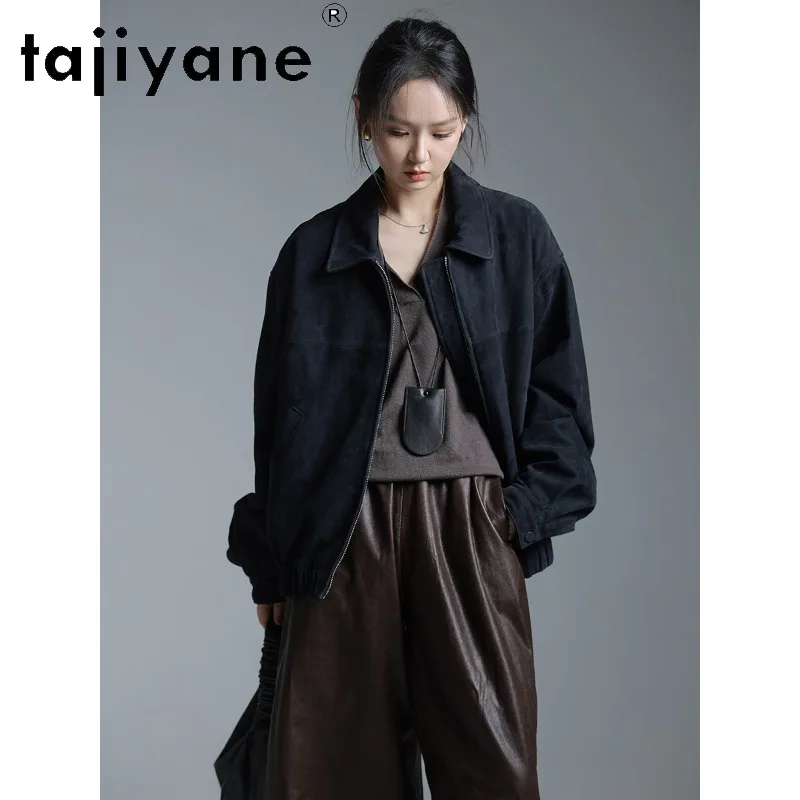 TAJIYANE Smooth Sheepskin Suede Genuine Leather Jacket Woman Vintage Leather Coat Wide Shoulder Jackets for Woman Crop Outerwear