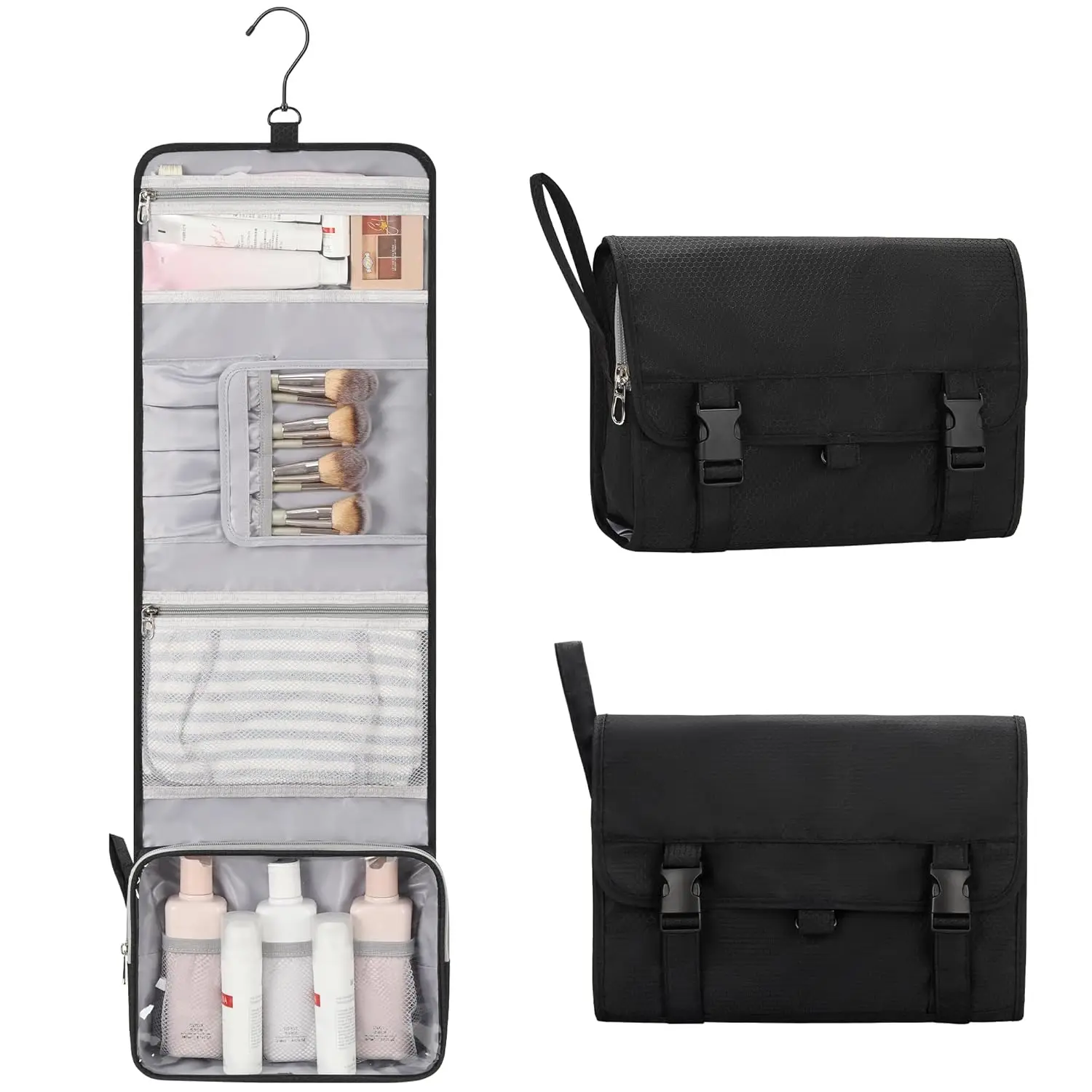 

Travel Hanging Toiletry Bag with Makeup Brush Board, Portable Toiletries Bag with Hanging Hook, Water Resistant Wash Bag, Makeup