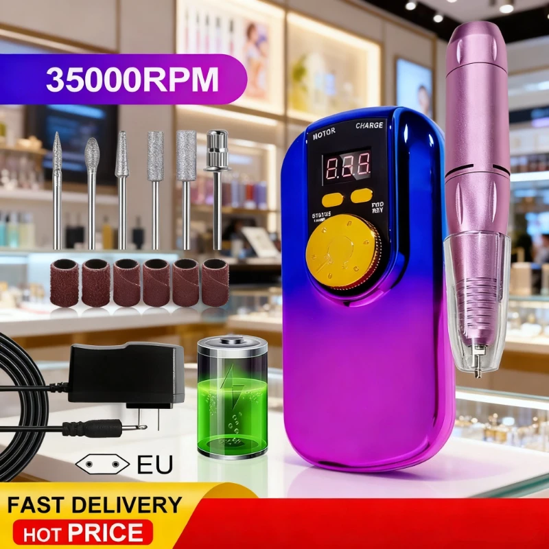 

Портативная электрическая дрель для ногтей, 35000 об/мин, с ЖК-дисплеем, перезаряжаемая для акрилового геля, профессиональные маникюрные инструменты