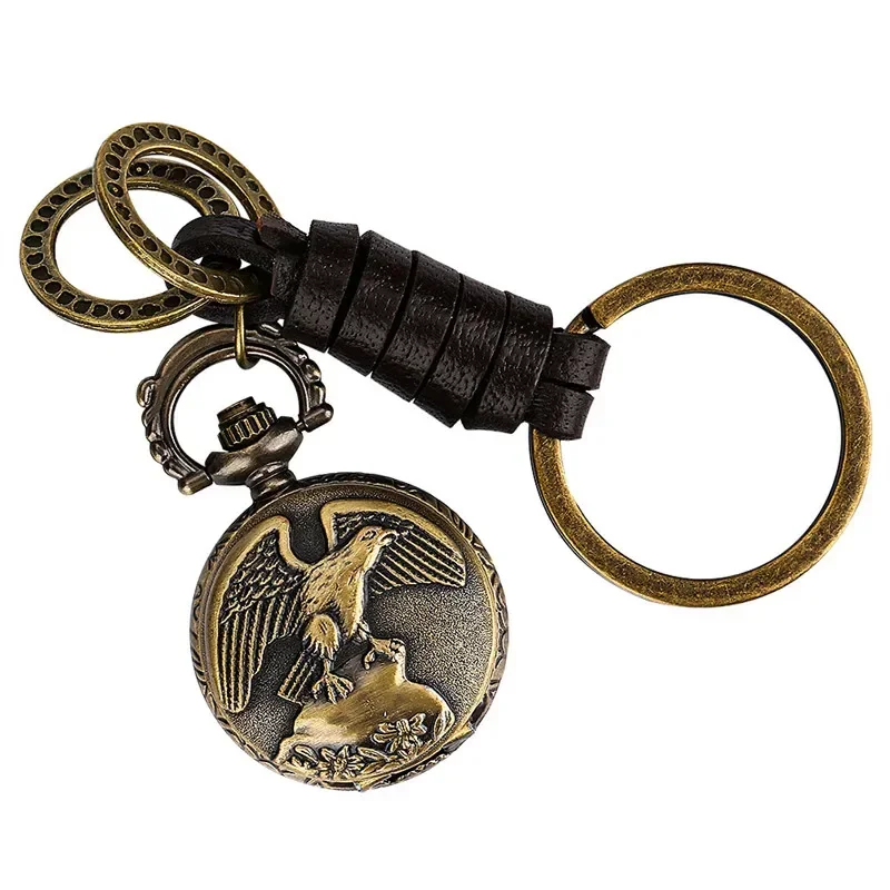 Antique Style Small Size Watch Full Hunter 3D Eagle Pattern Men Women Quartz Analog Pocket Watches Pendant Key Ring Clock Gift