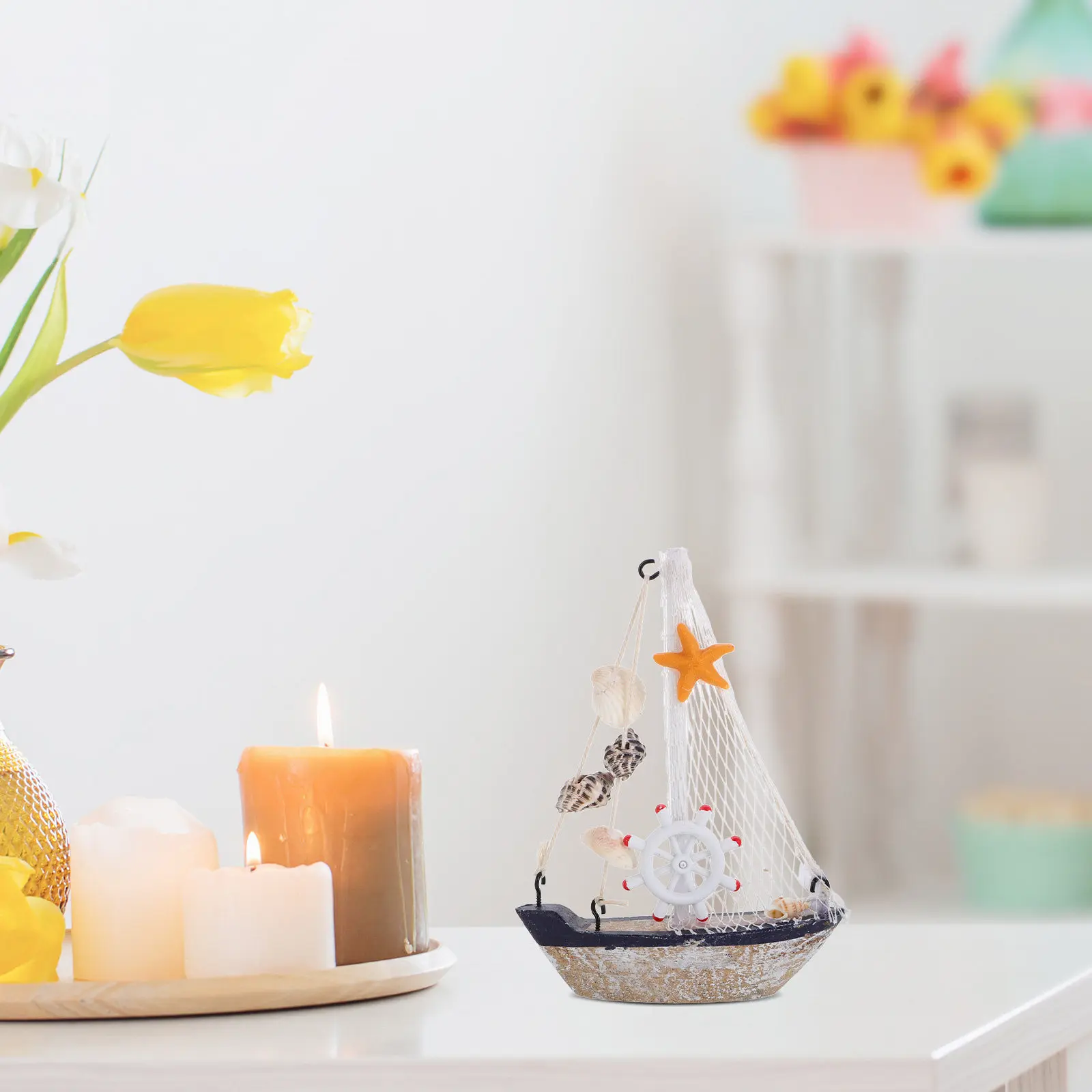 Mini Sailboat Decor – Nautical Coastal Tabletop Ornament for Beach, Home & Office, Rustic Sailing Boat
