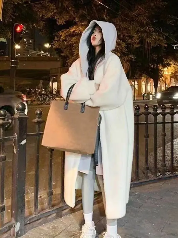 Color Blo Piel de cordero Jaet Ropa de abrigo larga y holgada para mujer Diseño falso de dos piezas Top de invierno Faion de talla grande