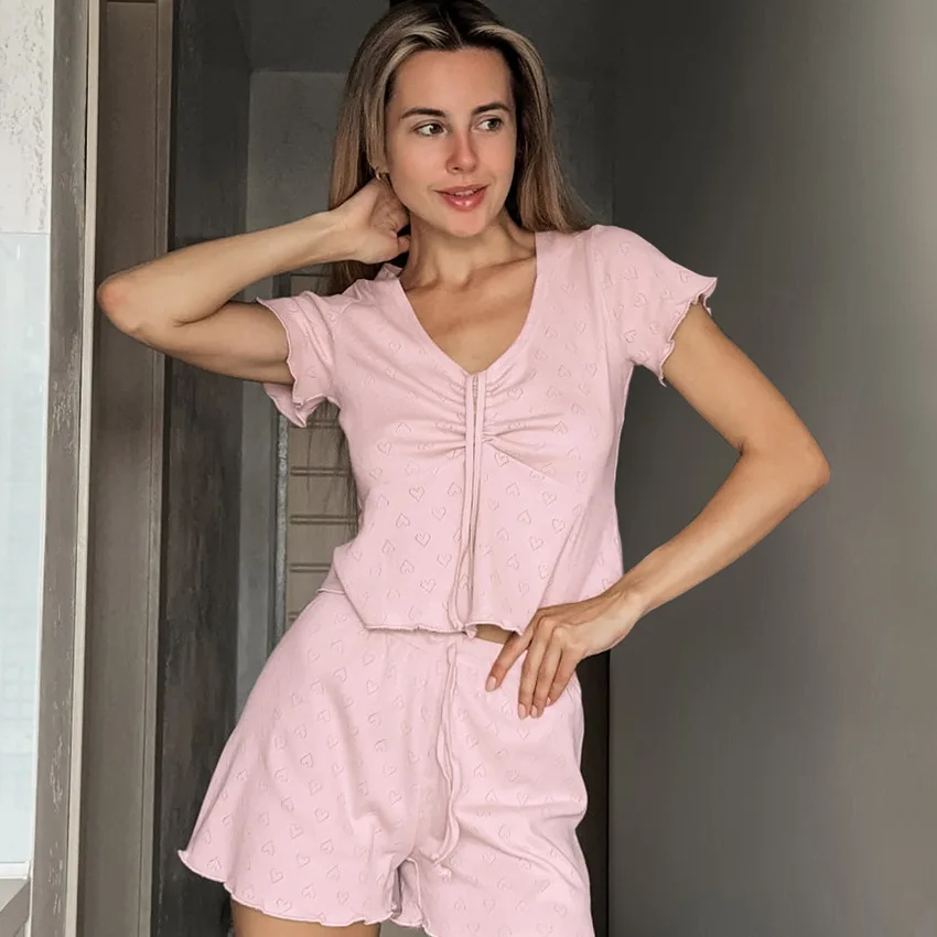 Women's Pajamas Sets New Knitted Soft Loungewear Pullover Drawstring Short-sleeved Shorts 2-piece Knitted Sleepwear for Sleeping