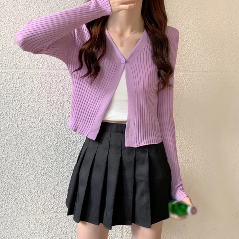 Women Korean V Neck Solid Colour Button up Casual Long Sleeves Knitted Cardigan T-shirt