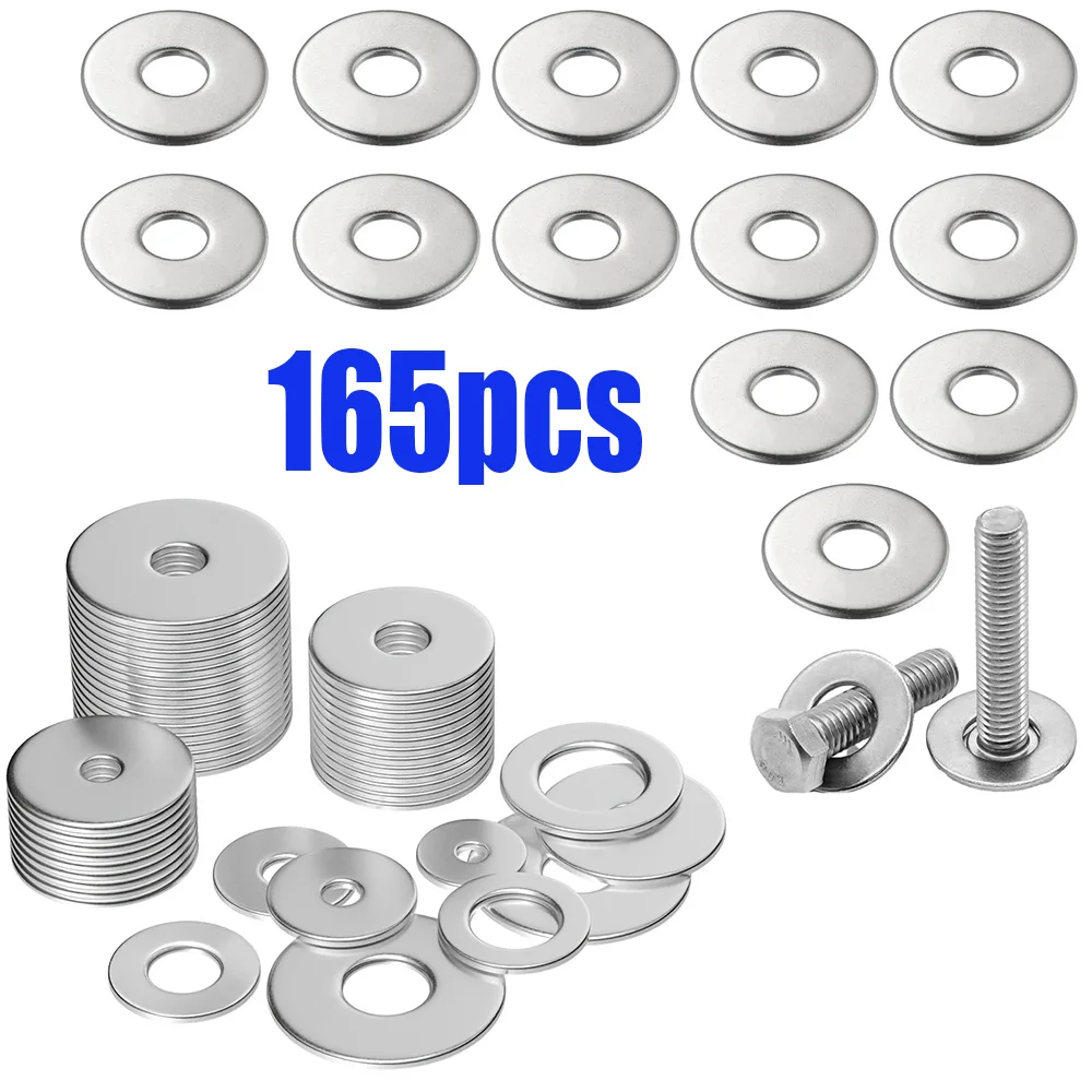 165 Large Wide-Body Stainless Steel Flat Washers M4,M5,M6,M8, for Home Maintenance, Shop Repairs, and Outdoor Building Repairs