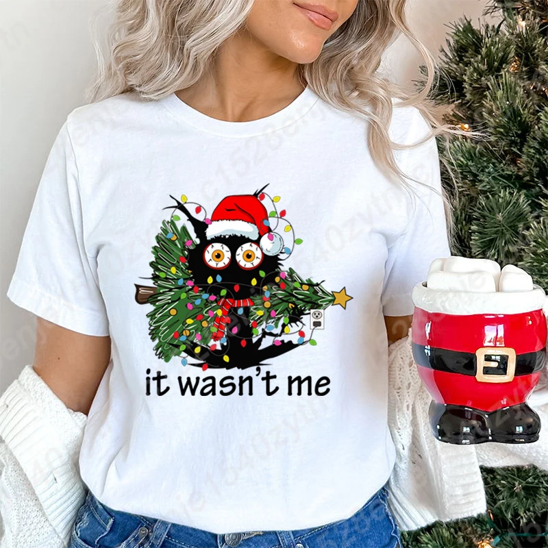 Christmas Tree Cat It Wasn't Me Print T-shirts For Women Summer Lovely Short Sleeve Casual T-Shirts Funny Ladies Round Neck Tops