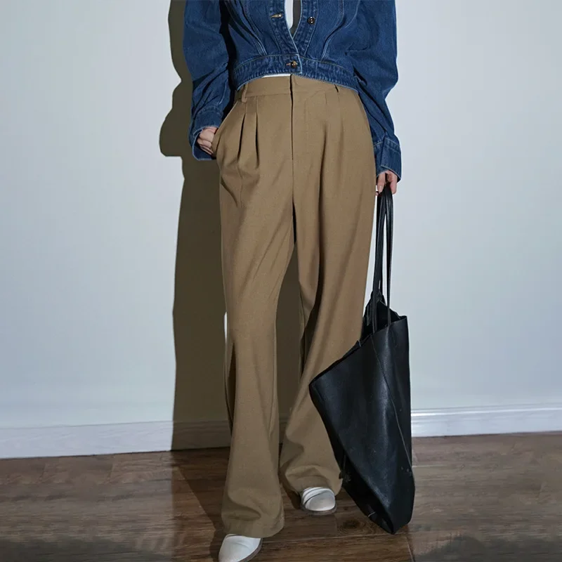 

Retro Commuting Brown Textured Work Suit Pants High Waist Wool Blended Loose Trousers Autumn Suit Pants