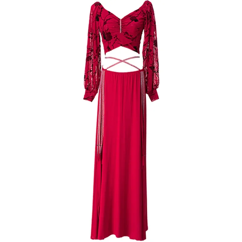 Completo per la pratica della danza del ventre nuovo set da due pezzi con colletto quadrato francese, maniche a lanterna, completo per spettacoli di danza orientale