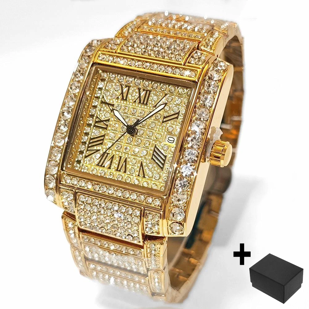 Luxury Mens Watch Fashion Silver Stainless Steel Quartz Watches Hip Hop Full Diamonds Rectangle AAA Wrist Watch Man Dropshipping