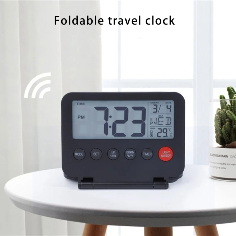 Digital Travel Foldable Alarm Clock With Large LCD Display Calendar Temperature Gauges Snooze Backlight Battery Operated