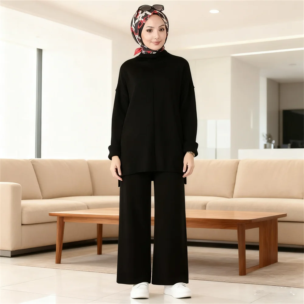 المرأة المسلمة محبوك سترة طويلة بلايز السراويل قطعتين مجموعة ملابس دافئة دبي تركيا ملابس إسلامية رياضية عباية فستان