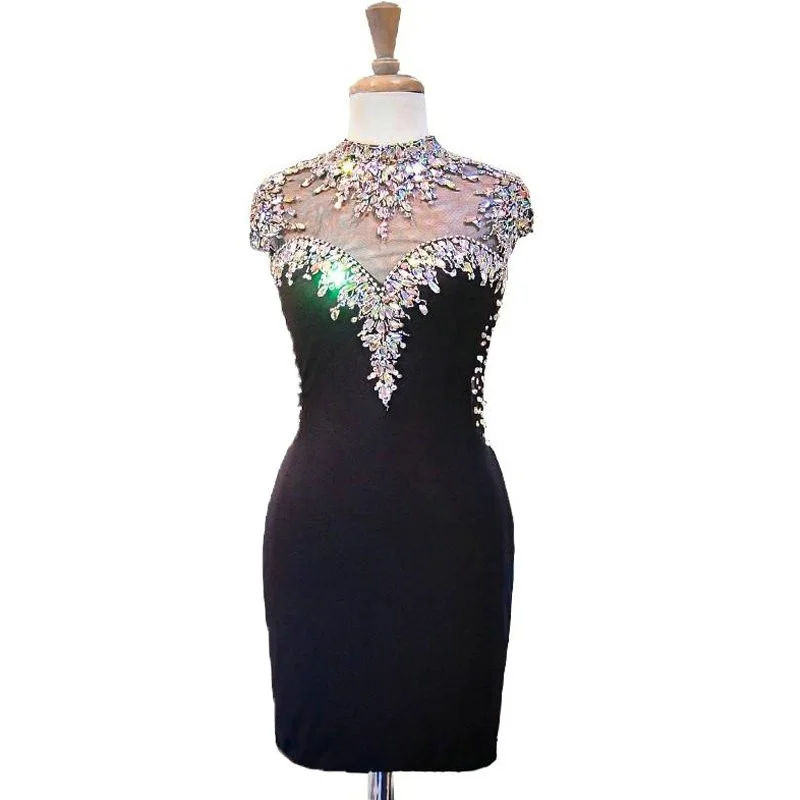 Black Cocktail Dresses Sheath Cap Sleeves Satin Beaded Crystals Backless Sexy Homecoming Dresses