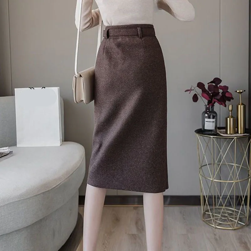 Elegant Front Split Office Pencil Skirt Ladies Fashion High Waisted Slim Patchwork Bodycon Skirts New Autumn Winter Woolen Skirt
