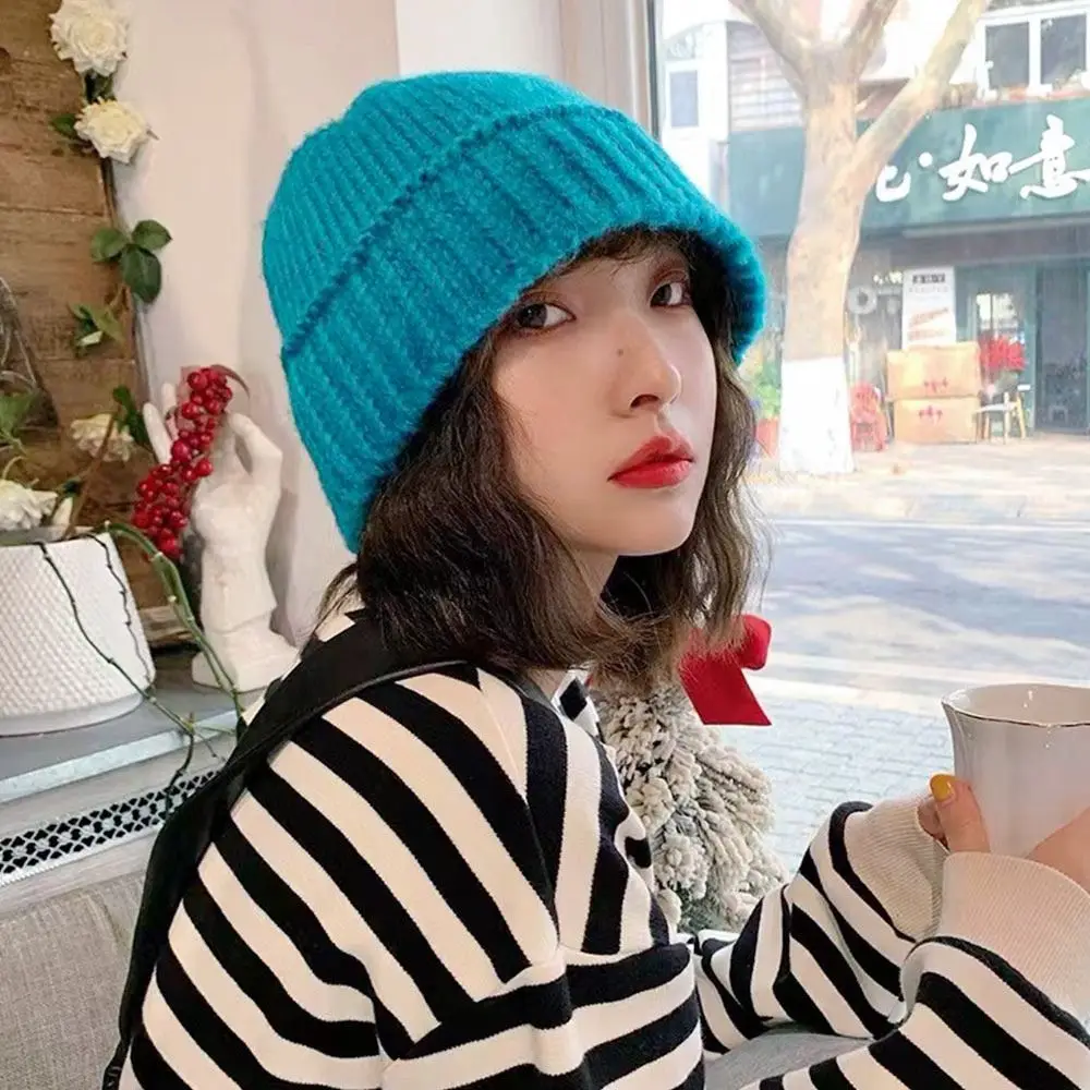Autumn Wool Bucket Hat Knitted Warm Skull Hat Soft Crochet Fisherman Cap Women