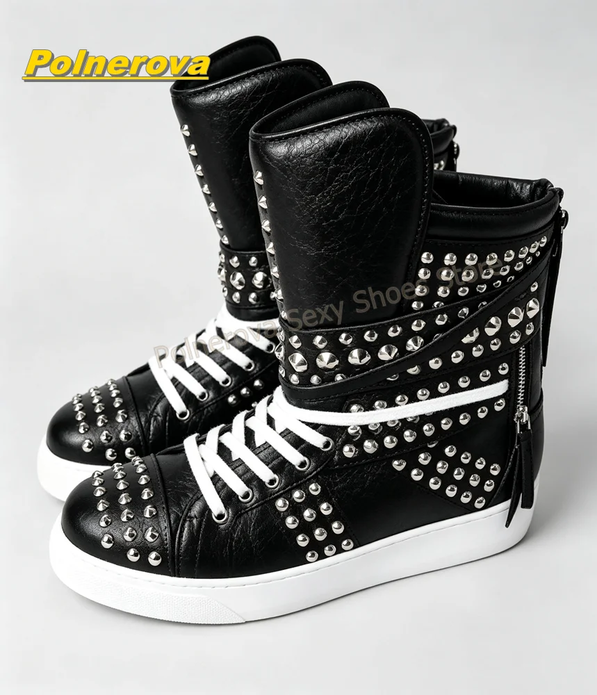 Punk Rock Spiked Studded High Top Sneakers Round Toe White Lace Up Back Zipper Casual Ankle Boots Street Style Nightclub 2026