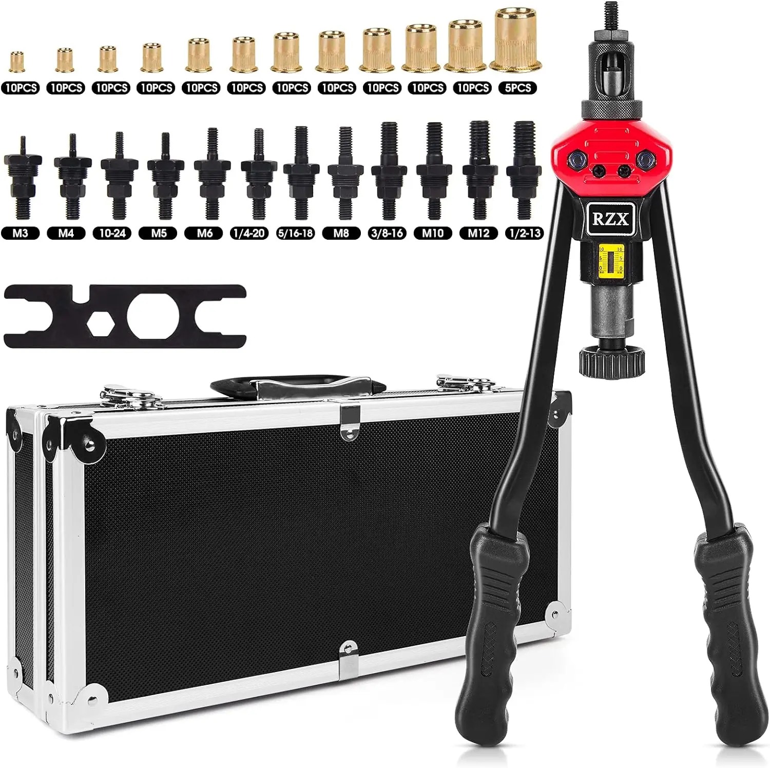 

16"RIVET NUT TOOL Hand Blind Riveter with Nut Setting System totally 12mandrels M3-M12 115PCS Rivets Nuts with aluminum