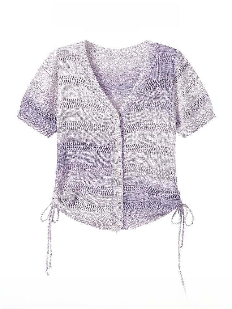 

Summer Women's Slim Fit V-Ne ort Sve Open Cardigan adient Color Dstring Knitted Sweater Casual Sle Regular Sve