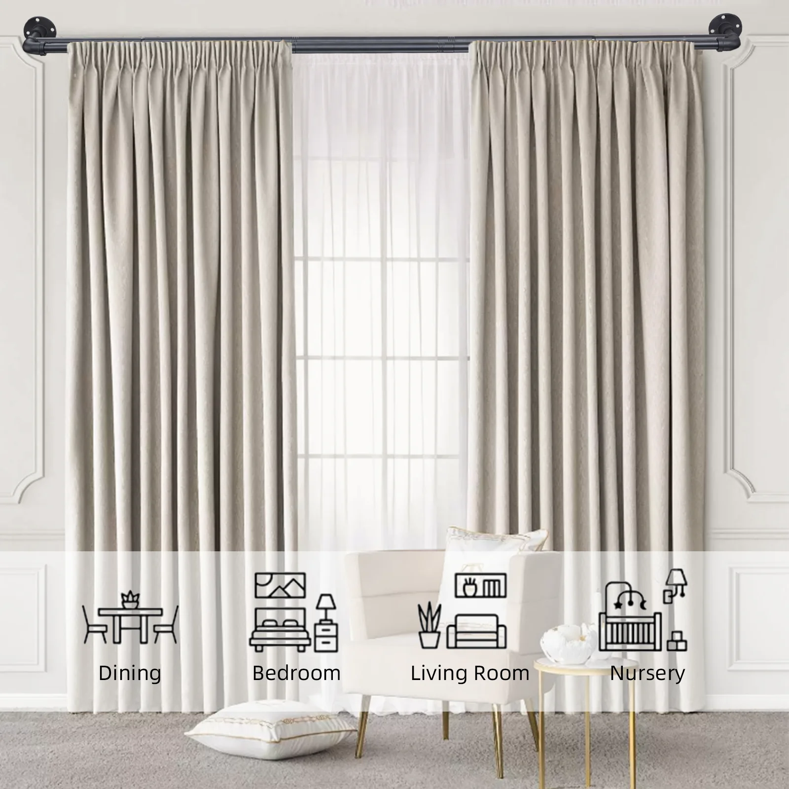 Industrial Double Curtain Rods for Windows, Adjustable Telescoping 1 Inch Black Double Curtain Rod Set Heavy Duty