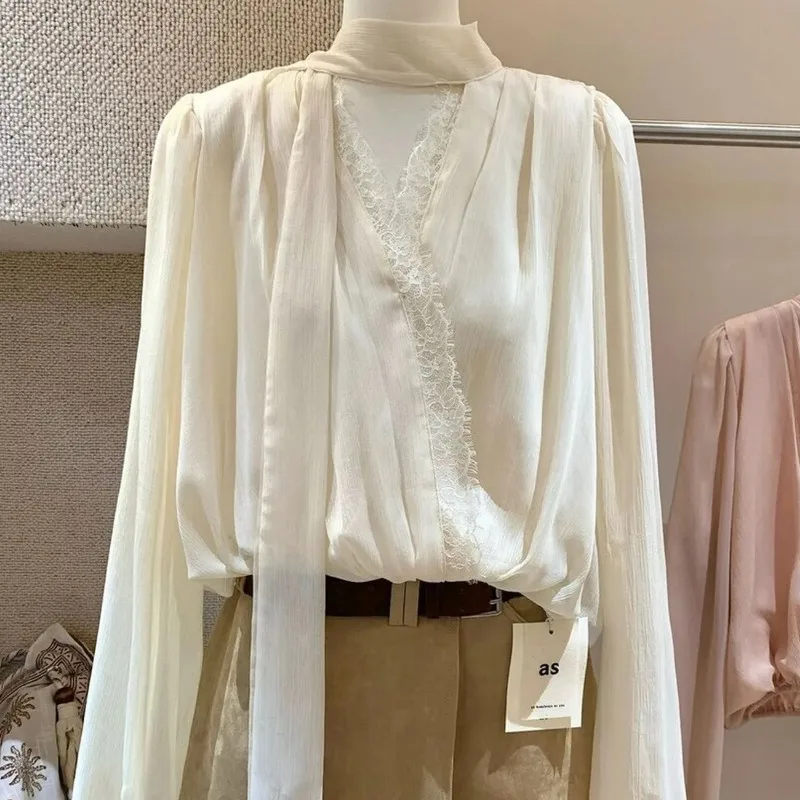 

French Gentle Style Lace V-neck Ribbon Chiffon Shirt for Women 2025 Autumn New Temperament Design Long-sleeved Top