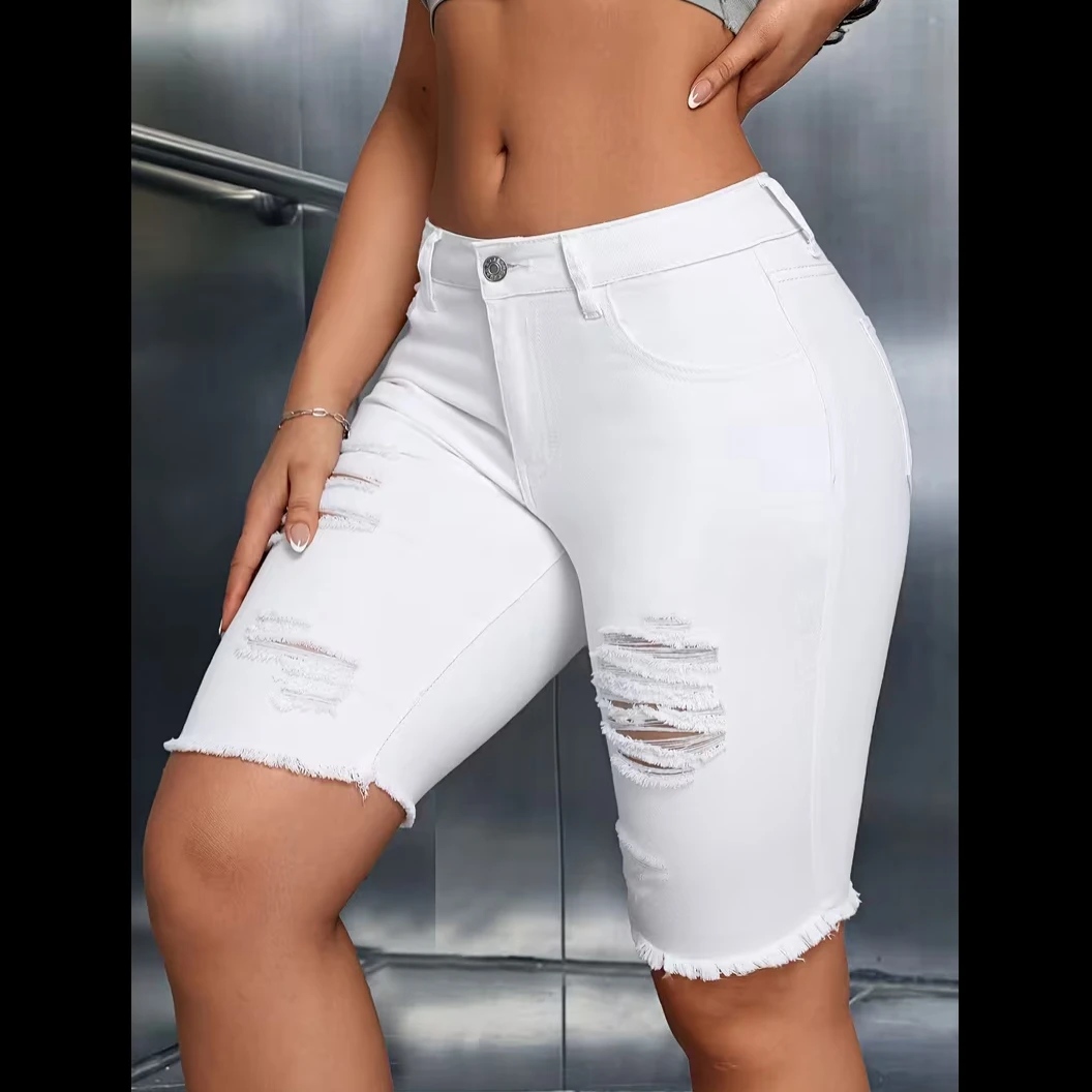 Shorts Female Jeans Women Jeans Shorts Summer Ripped High Street Slimming Distressed Hem Three Quarter Denim Bottoms