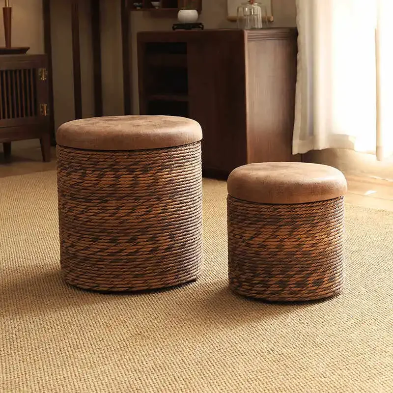 Otomana de almacenamiento estilo ratán con asiento extraíble, taburete texturizado tejido a mano para sala de estar, banco de gr