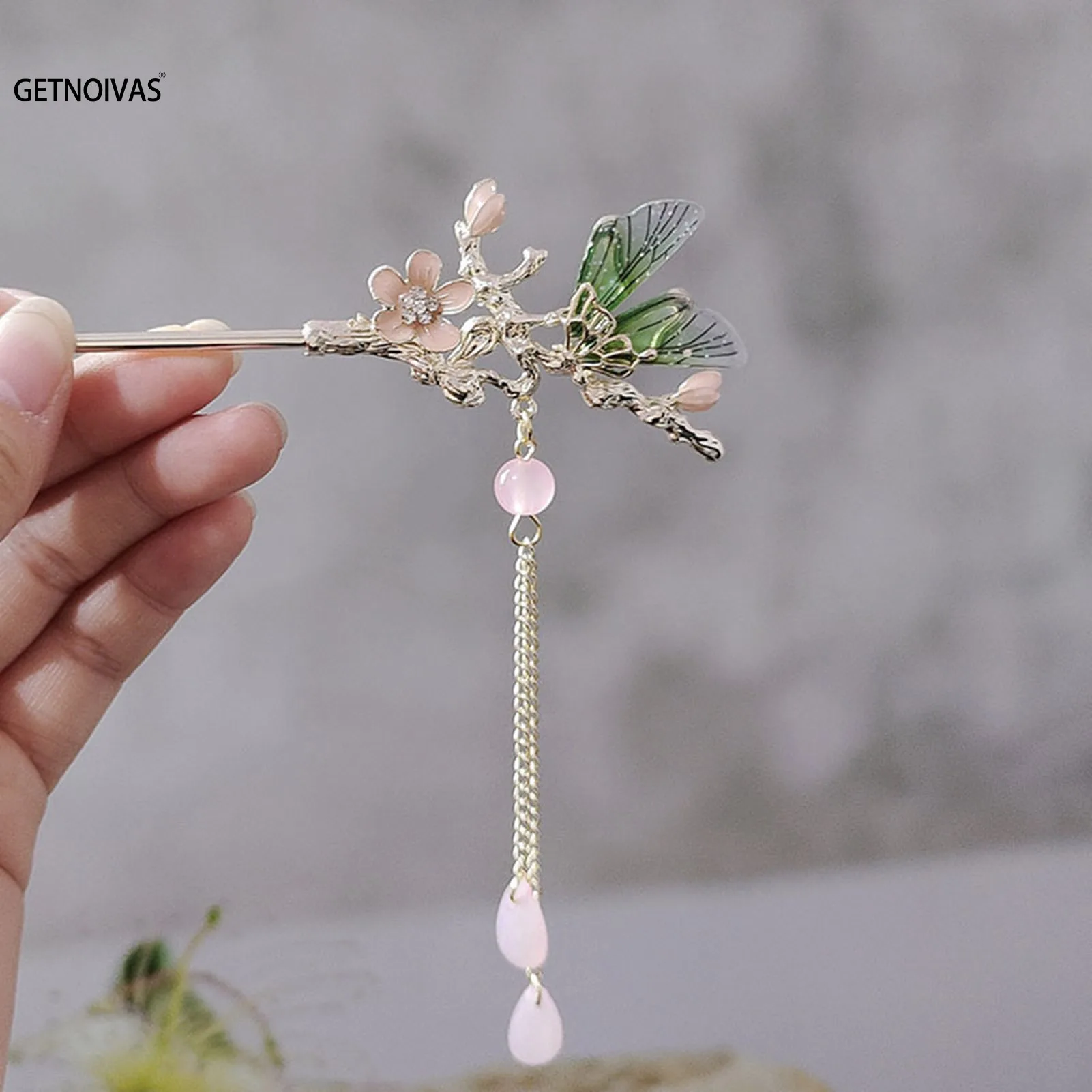 Metal Chinese Style Hair Stick Flower Dragonfly Rhinestone Hair Chopsticks Hairpin Tassel Hair Clip Hair Accessories Headdress