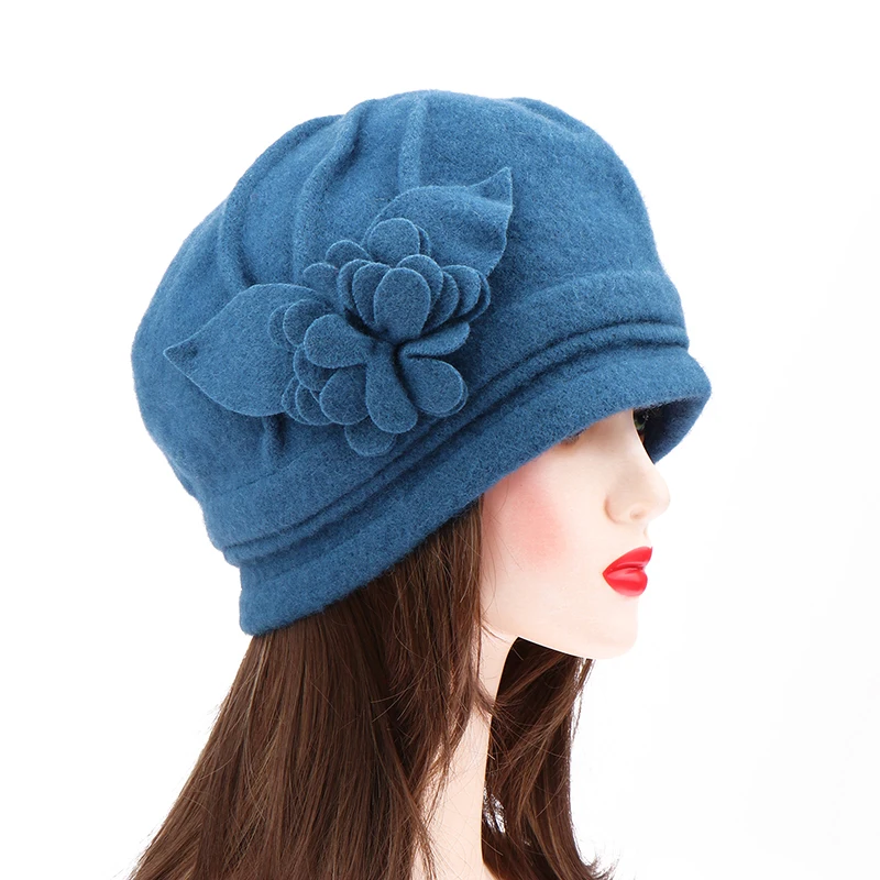 Vintage WoMen's Elegant Winter Hat Wool Flower Bucket Cloche Ladies Wide Brim Cashmere Woolen Berets Hat Wedding Church Gorros