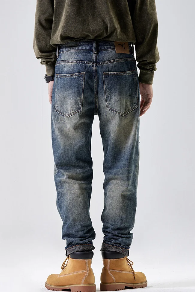 Blue Jeans Men Needlework Patched Holes Straight Leg Beggar Jeans Ripped Patch Jeans