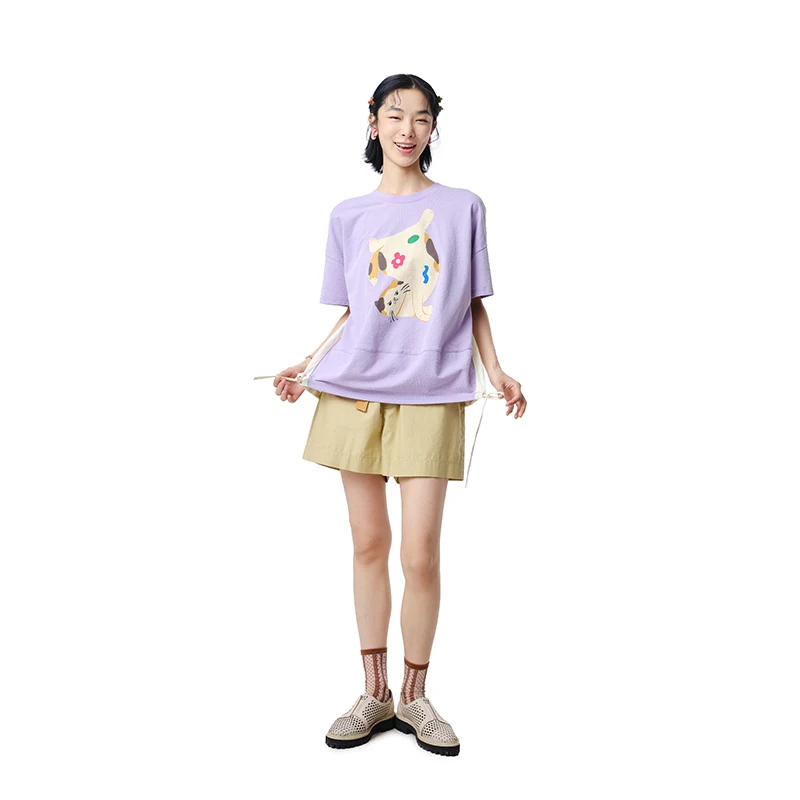 MOVEUP Round Neck Short Sleeves T-Shirt 2026 Summer New Cartoon Cat Print Casual Drop Sleeves Loose fit Women's Top 325210508