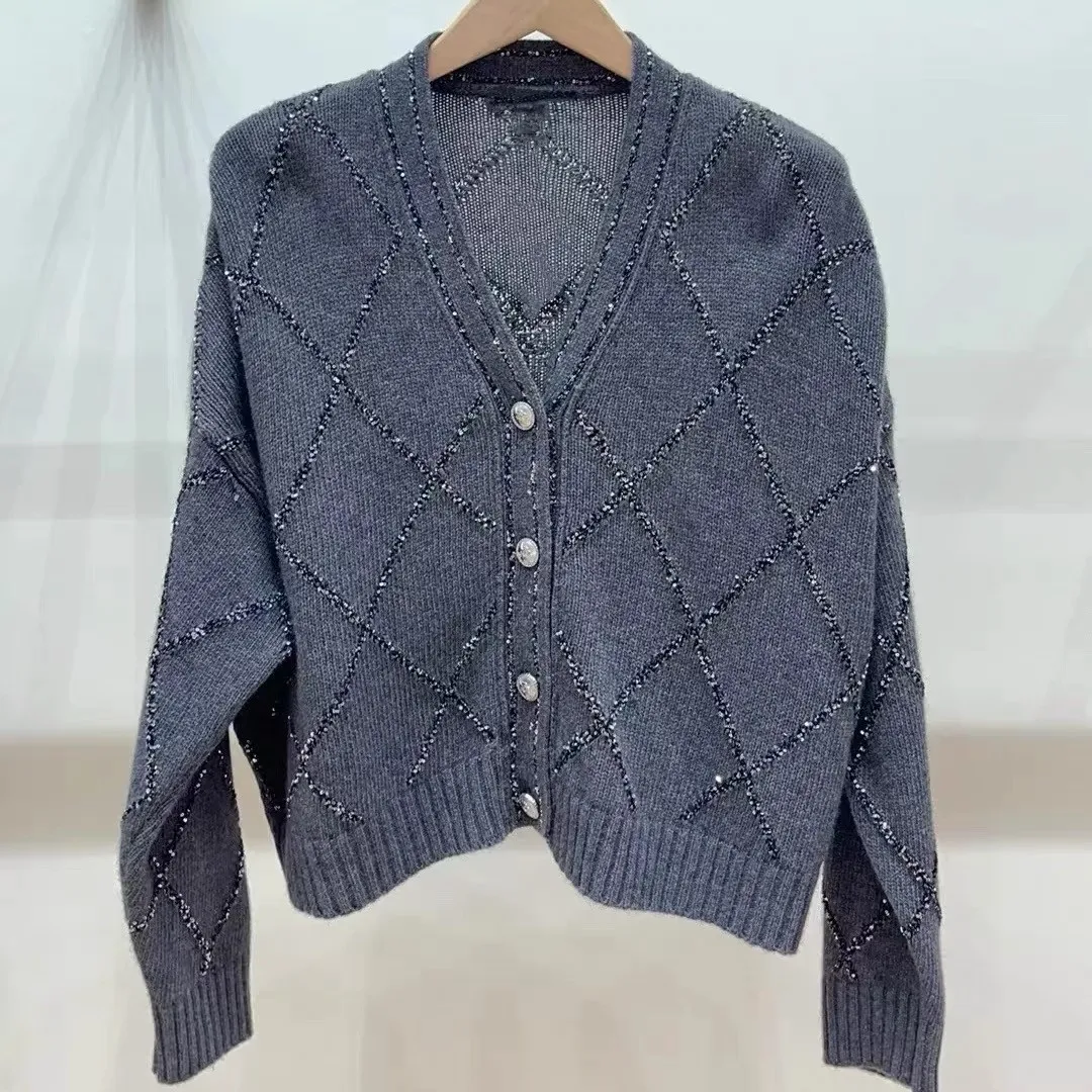 High-End Version European Design Loose Fit V-Ne Open Cardigan Knitted Sweater Deep Blue iny Plaid Women's Outerwear