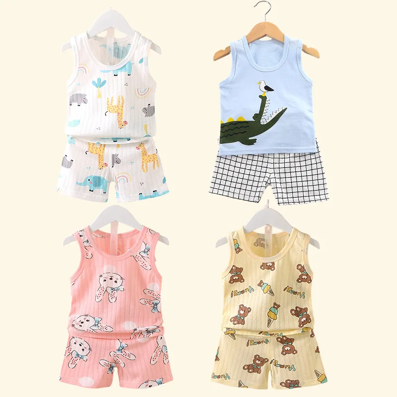 Ropa para niños, Tops sin mangas estampados, pantalones cortos, lindo, transpirable, chaleco de verano para niños, conjunto de pantalones cortos, camiseta sin mangas para ropa de bebé para niños