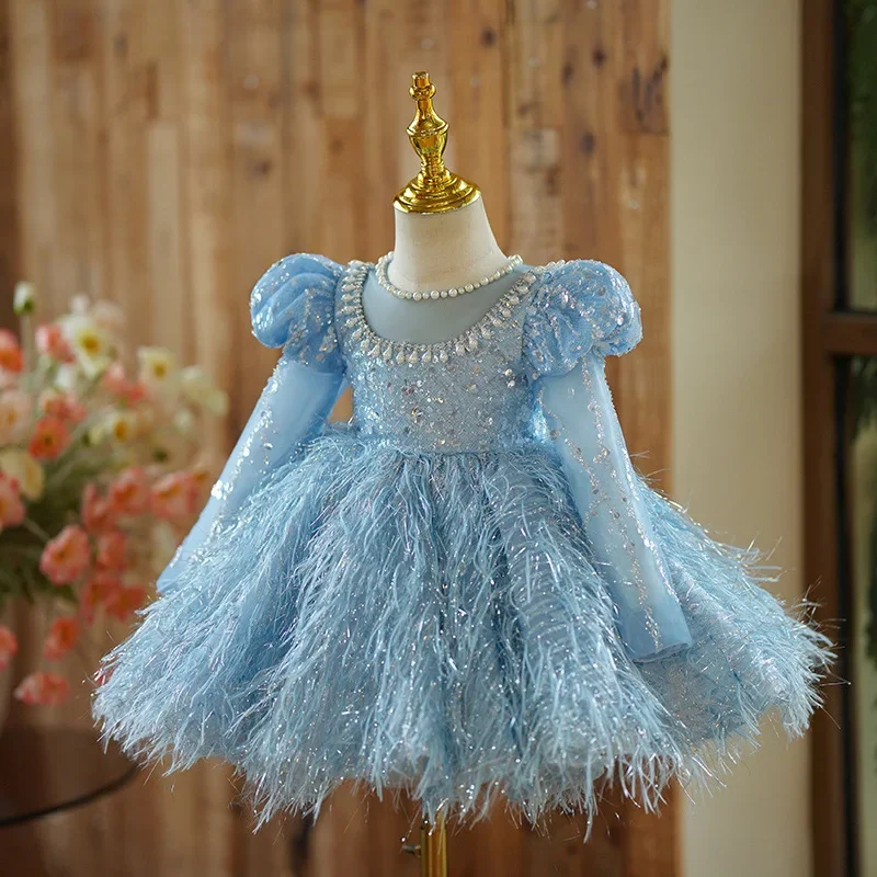 Customized Princess Ball Gown Dress Kids Diamond Backless Flowers Girls Dresses for Weddings Sequin Birthday Party Evening Dress