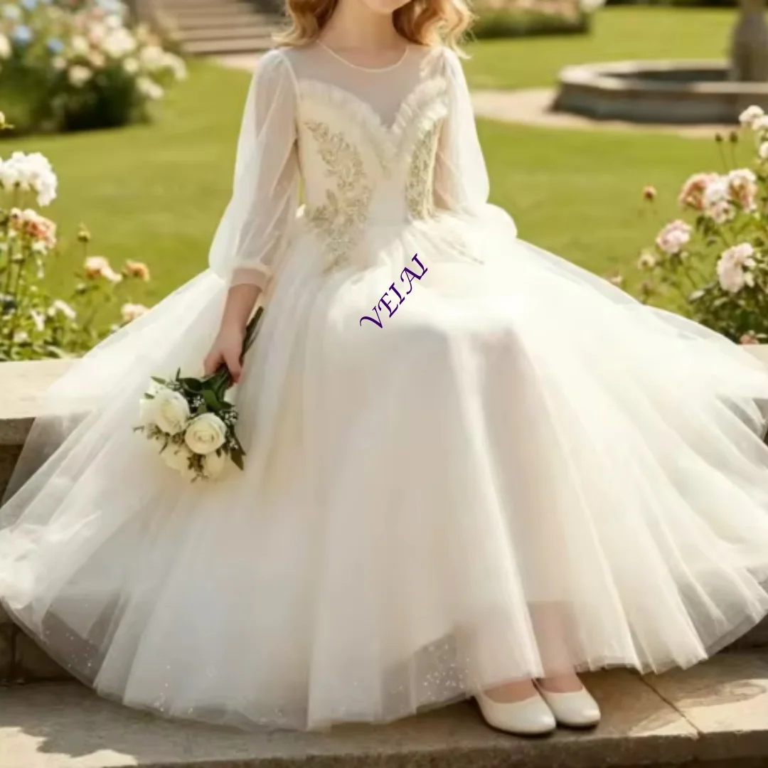 Customized Girls Dress Light Blue Colorful Appliques Wedding Guest Clothes Sweet Puff Sleeve Kids Princess Gown Stage Performanc
