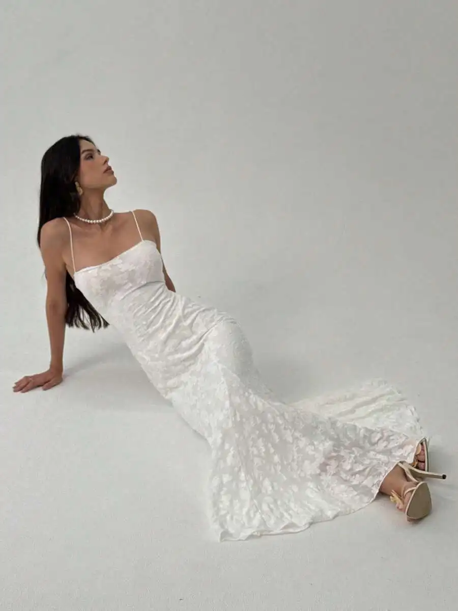 

Women's White Lace Mermaid Dress with Spaghetti Straps for Wedding or Holiday