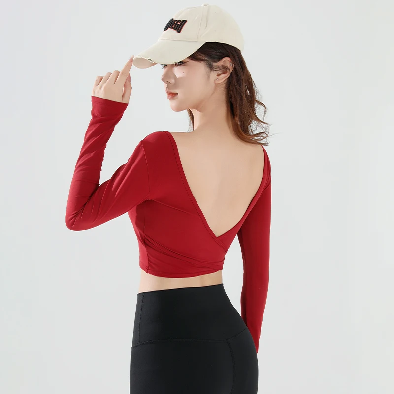 T-shirt de sport à manches longues pour femmes, Sexy, court, dos nu, coussin de poitrine fixe, serré