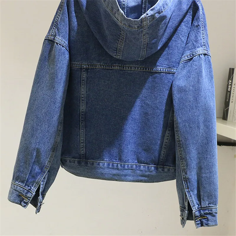 Herfst Vintage Blauwe Denim Jasje Vrouwen Capuchon Grote Zak Cowboy Bovenkleding Koreaanse Losse Korte Student Jeans Jas Vrouwelijke