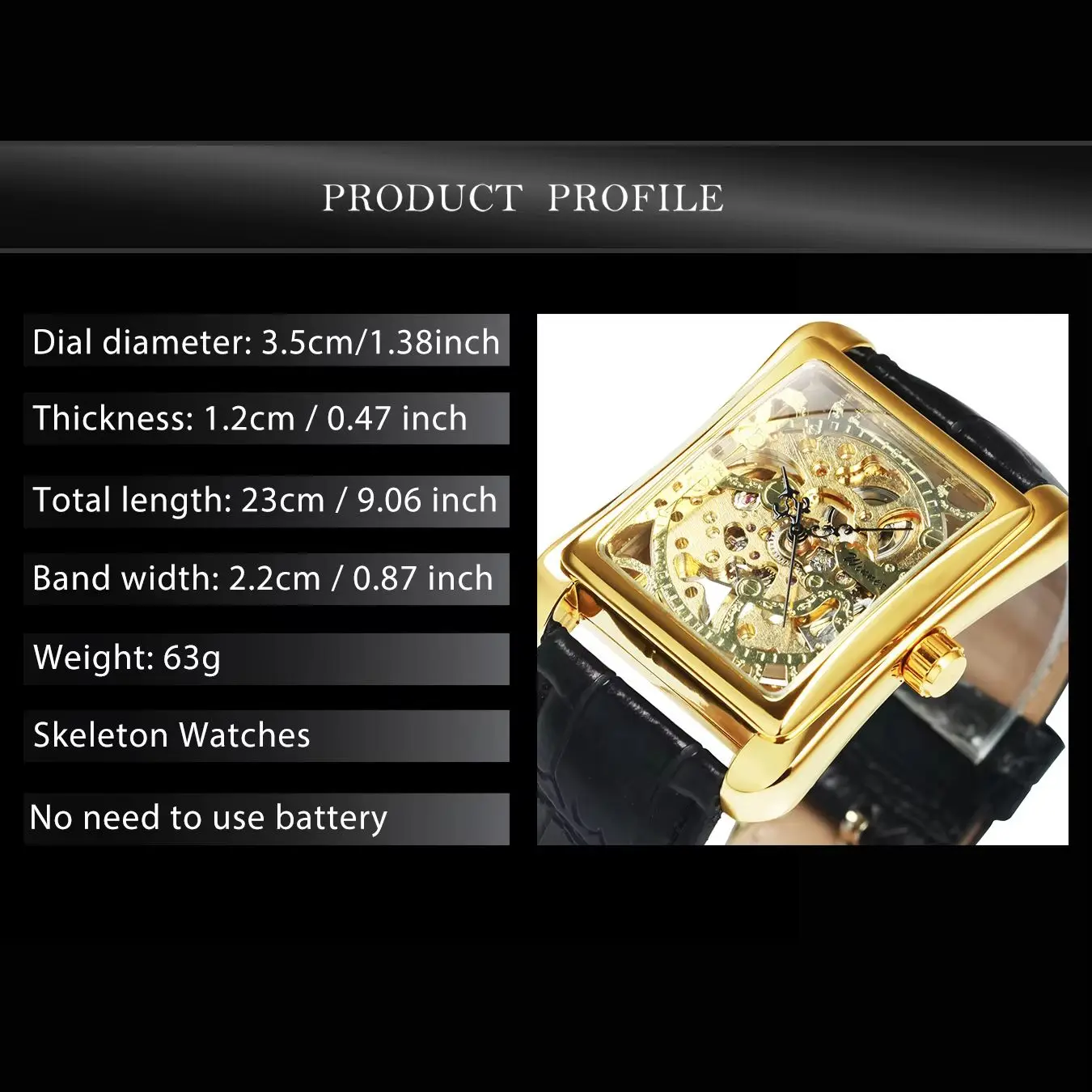 WINNER Classic Skeleton Mechanical Watches Rectangle Retro Gold Watch for Women Luxury Leather Strap Unisex Couple Wristwatches