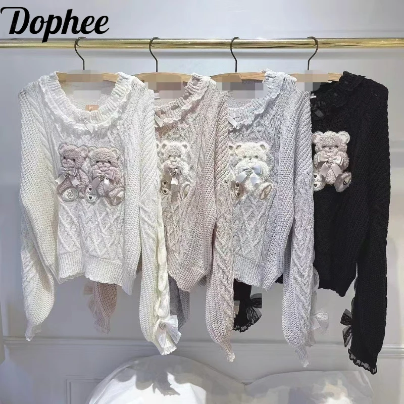 Dophee Original New Spring Japanese Knitting Shirts Cute Plush Bears Love Bow O-neck Pullover Top Sweet Princess Shorrt Sweaters