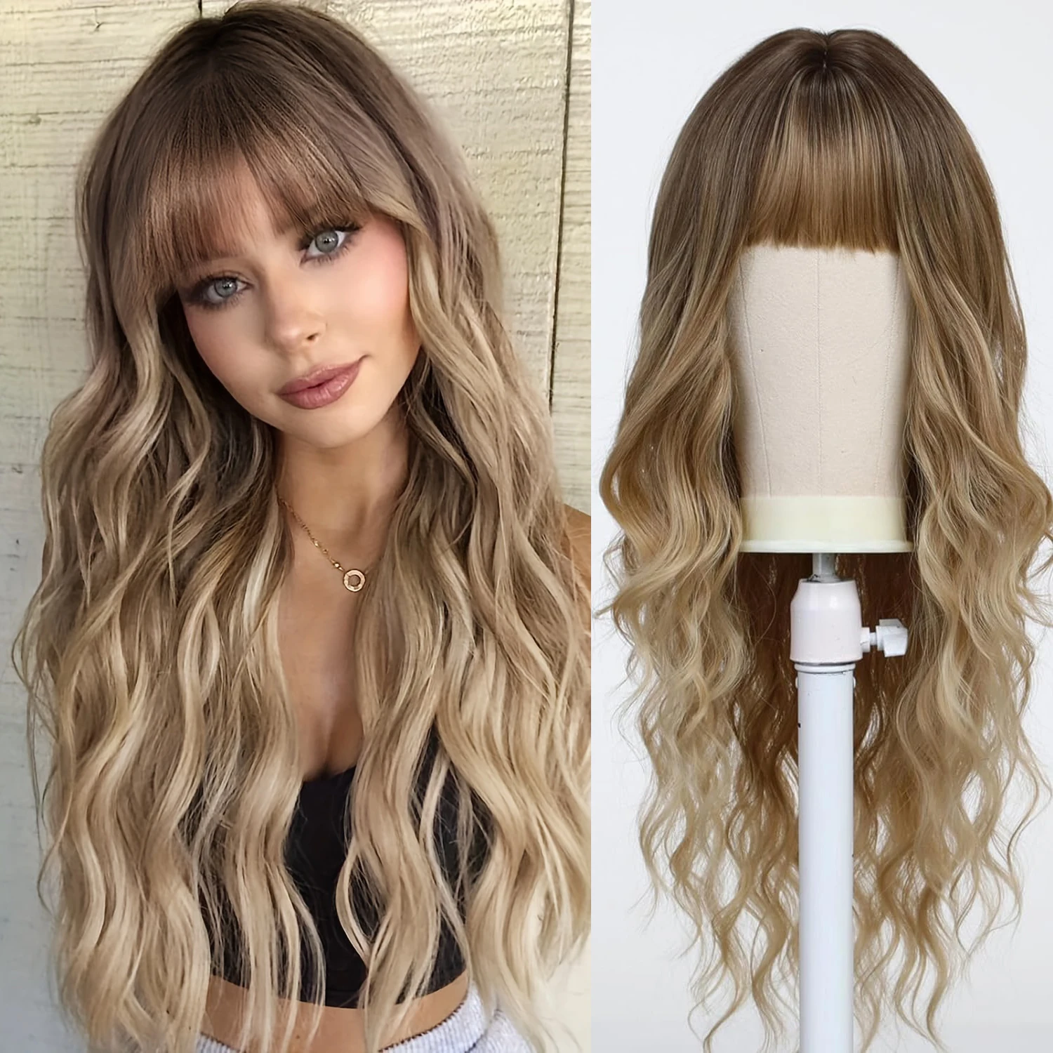 Ombre Brown Syntetyczna długa falista peruka z puszystą grzywką dla kobiet Naturalne włosy Brązowe blond peruki do codziennego użytku Cosplay