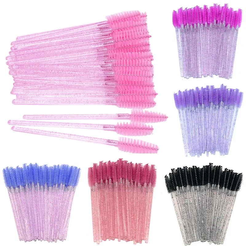 50pcs Lash Comb Spoolies Disposable Eyelash Brushes Crystal Eye lash Mascara Wands Glitter Micro Makeup Applicators