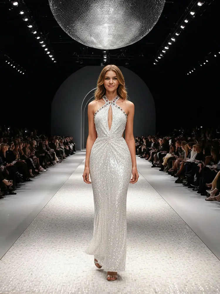 

2026 Luxury Women's Sleeveless Halter Diamonds Hollow Out White Elegant Evening Party Club Chic Celebrity Style