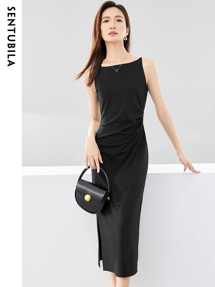 SENTUBILA Ruched Black Dress Women 2024 Spring Summer Party Slim Temperament Slash Neck Sleeveless Lady Midi Dresses Q33L52443